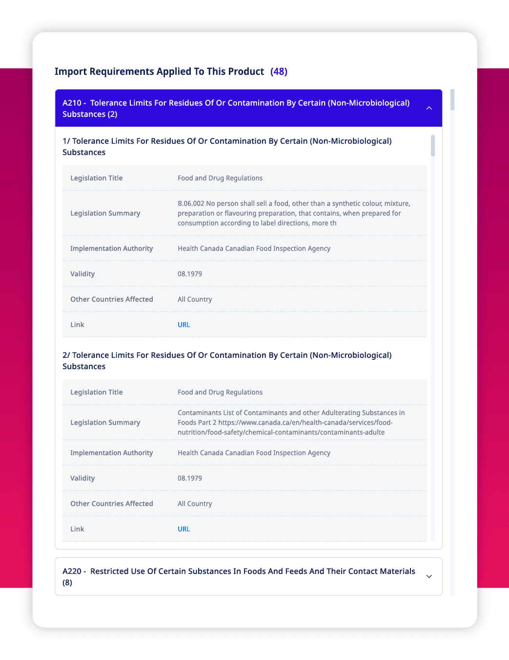 ADAMftd platform interface displaying import requirements for a product, including legislation titles, summaries, and implementation details, aimed at helping importers ensure compliance with import regulations.