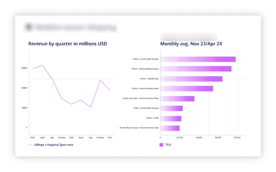 ADAMftd provides comprehensive analysis of a ship owner’s revenue generation and shipping activities. The platform offers insights into quarterly revenue trends and average monthly shipping volumes (in TEUs) across various routes. This information is crucial for financial planning and strategic decision-making.