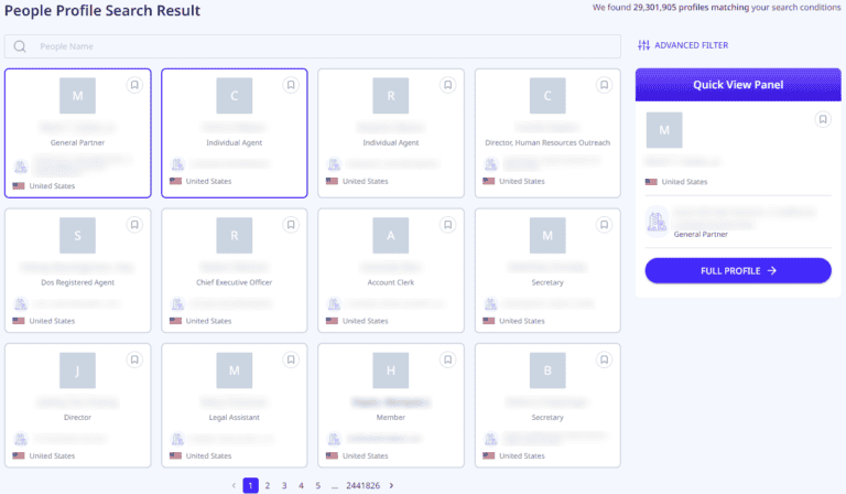 Detailed Search Results and Quick View Panel of ADAMftd’s People Search tool, allowing users to browse through detailed profiles and quickly assess their relevance with advanced filters and instant profile snapshots.