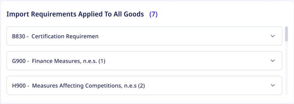 ADAMftd provides information on general import requirements that apply to all goods exported from one country into another. These include certification requirements, finance measures, and measures affecting competition.