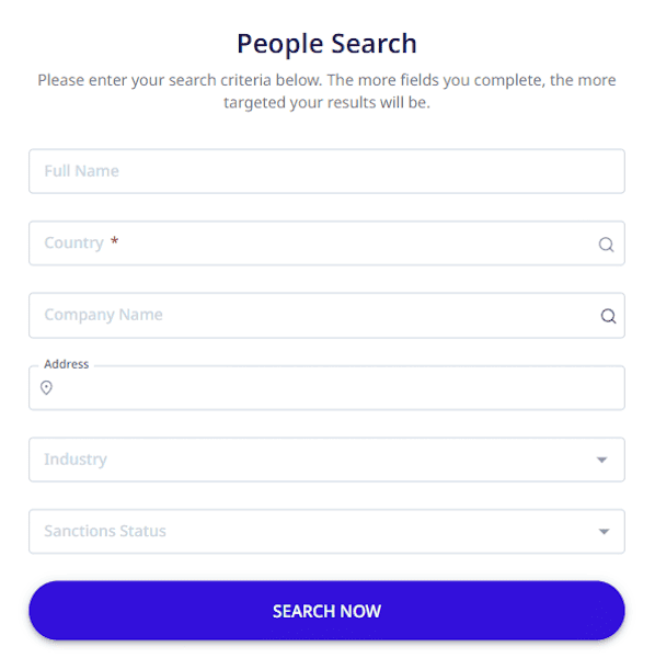 ADAMftd's People Search tool, which allows users to find detailed information by entering criteria such as full name, country, company name, address, industry, and sanctions status.