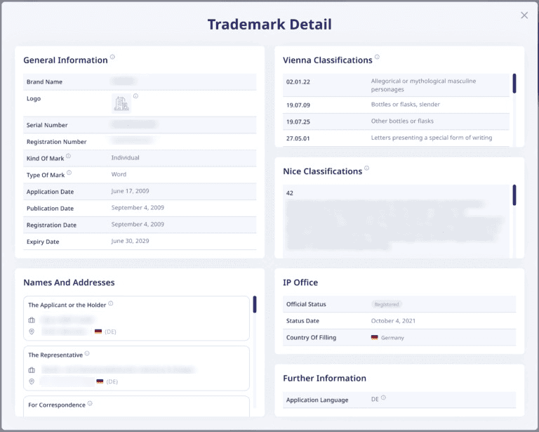 The image shows a detailed view of a trademark under the Trademark Detail section in the ADAMftd system.