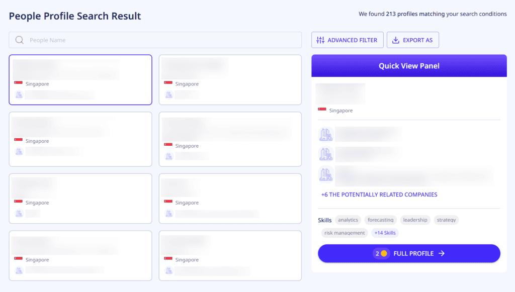 Detailed Search Results and Quick View Panel of ADAMftd’s People Search tool, allowing users to browse through detailed profiles and quickly assess their relevance with advanced filters and instant profile snapshots.