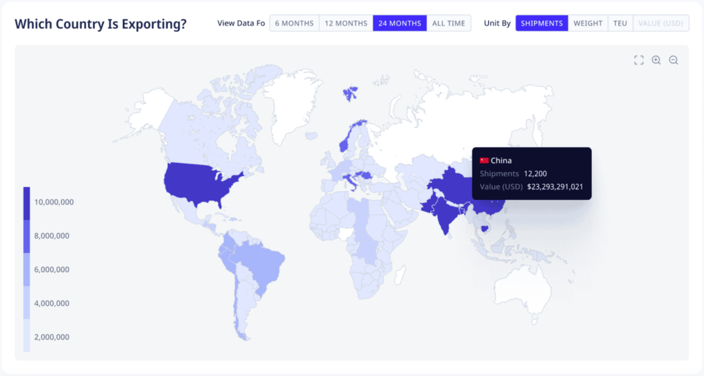 The image from ADAMftd states: The 'Which Country Is Exporting?' map offers a visual representation of export data across various countries, filtered by shipments, weight, TEU, or value over different timeframes. This map helps businesses identify key exporting countries and understand global supply dynamics. By visualizing the export landscape, companies can better evaluate the reliability and performance of different sourcing markets. This visual tool allows for a quick assessment of potential risks and opportunities, making ADAMftd a vital resource for strategic planning and supply chain management.